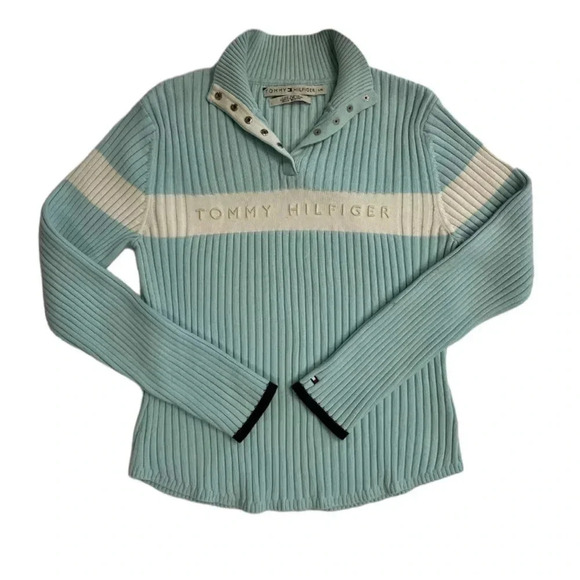 Tommy Hilfiger Vintage Ribbed Fitted Blue White Sweater Size Large - Picture 7 of 10